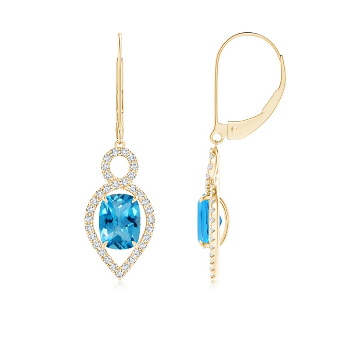 7x5mm AAAA Cushion Swiss Blue Topaz Infinity Drop Earrings with Diamonds in Yellow Gold