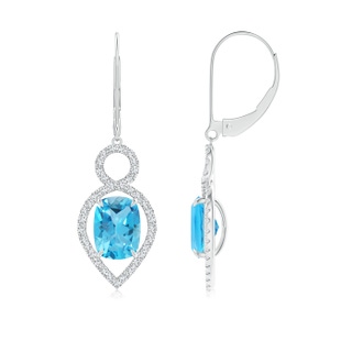 8x6mm AAA Cushion Swiss Blue Topaz Infinity Drop Earrings with Diamonds in White Gold