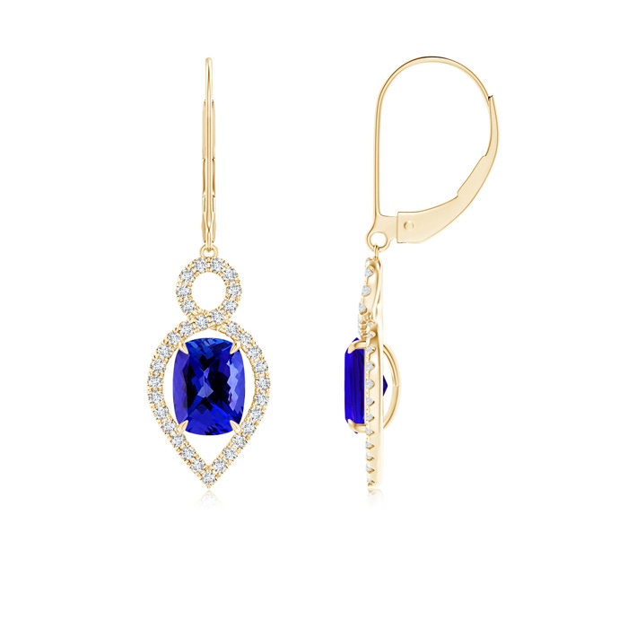 7x5mm AAAA Cushion Tanzanite Infinity Drop Earrings with Diamonds in Yellow Gold