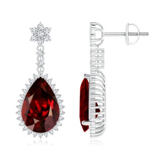 12x8mm AAAA Pear Garnet Halo Dangle Earrings with Diamond Clustre in P950 Platinum