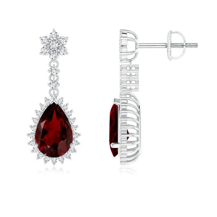 9x6mm AAA Pear Garnet Halo Dangle Earrings with Diamond Clustre in White Gold