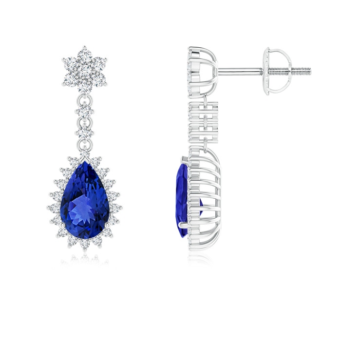 8x5mm AAA Pear Tanzanite Halo Dangle Earrings with Diamond Clustre in White Gold