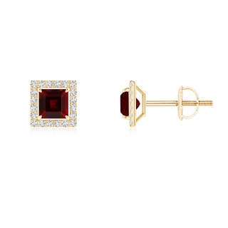4mm AAA Floating Square Garnet and Diamond Halo Stud Earrings in Yellow Gold