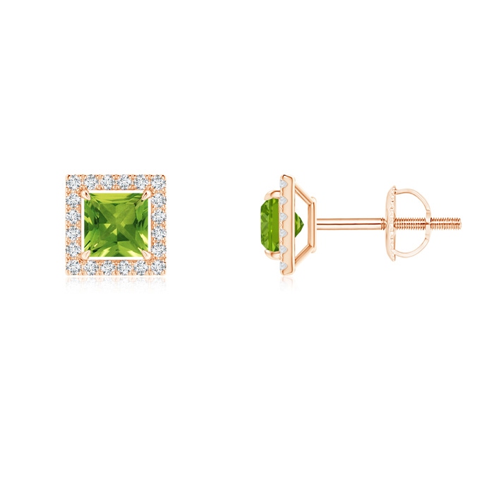 4mm AAAA Floating Square Peridot and Diamond Halo Stud Earrings in Rose Gold