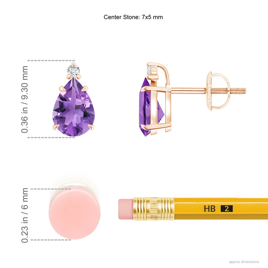 7x5mm AA Classic Claw-Set Pear Amethyst Solitaire Stud Earrings in Rose Gold ruler