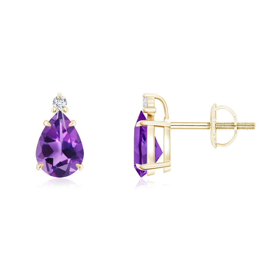 7x5mm AAA Classic Claw-Set Pear Amethyst Solitaire Stud Earrings in Yellow Gold 