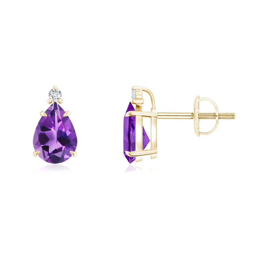 7x5mm AAA Classic Claw-Set Pear Amethyst Solitaire Stud Earrings in Yellow Gold