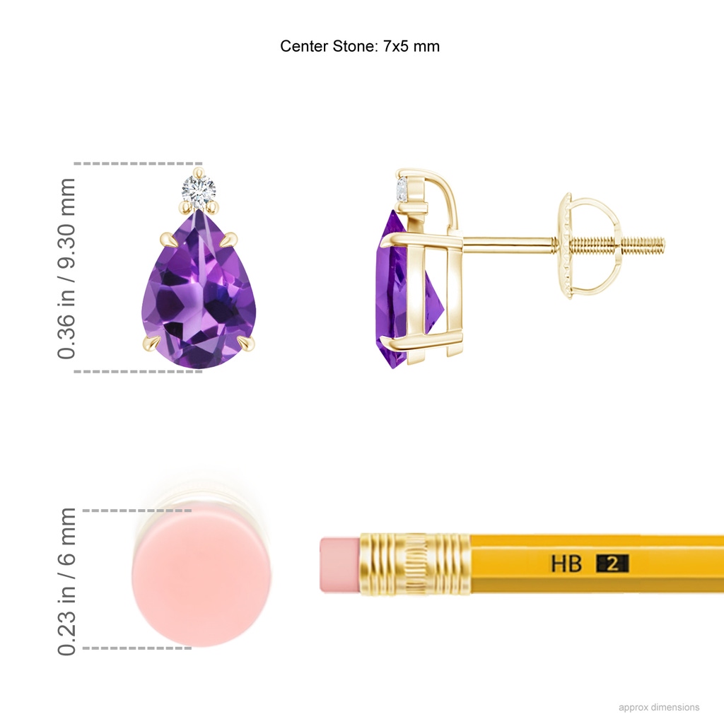 7x5mm AAA Classic Claw-Set Pear Amethyst Solitaire Stud Earrings in Yellow Gold Ruler