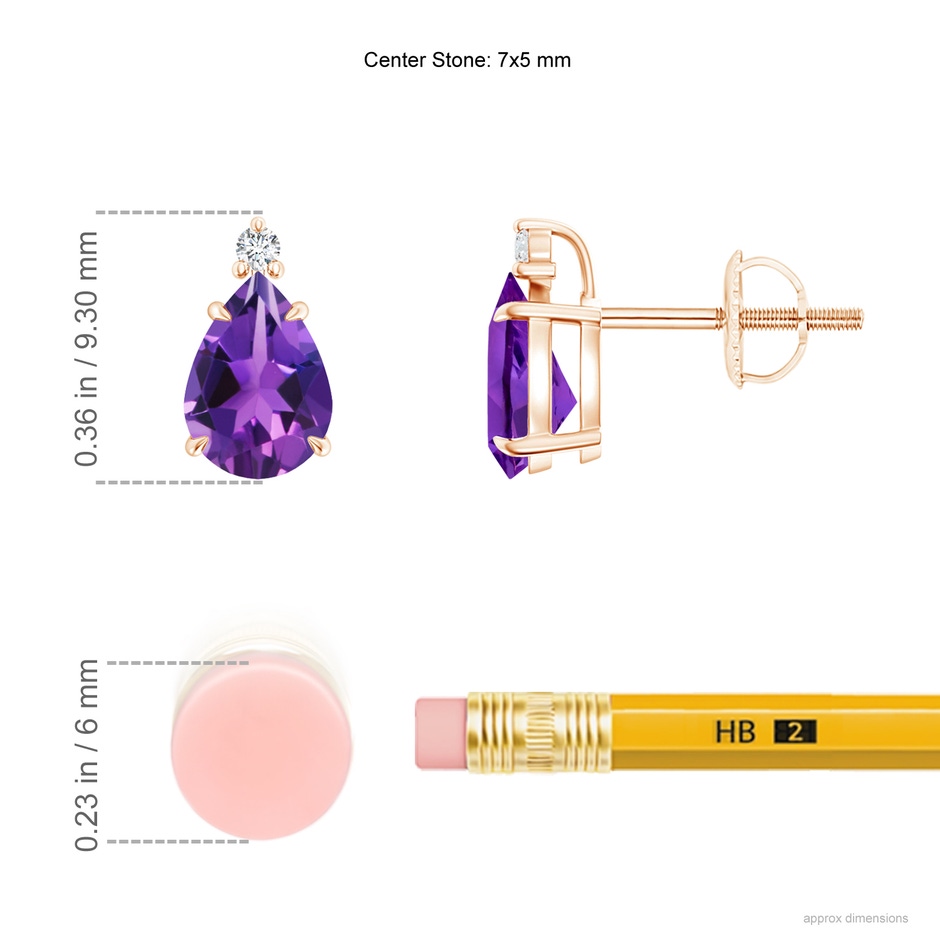 7x5mm AAAA Classic Claw-Set Pear Amethyst Solitaire Stud Earrings in Rose Gold ruler