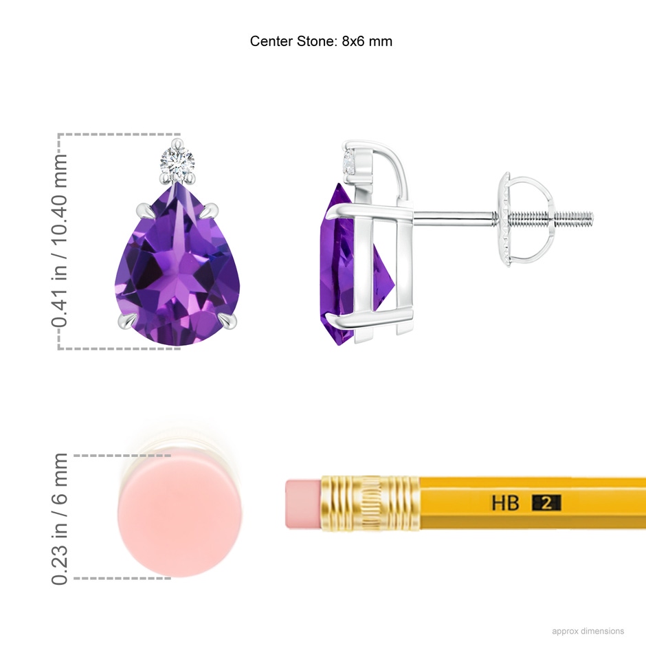 8x6mm AAAA Classic Claw-Set Pear Amethyst Solitaire Stud Earrings in P950 Platinum ruler