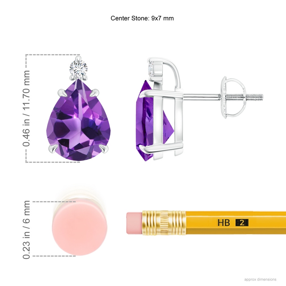 9x7mm AAA Classic Claw-Set Pear Amethyst Solitaire Stud Earrings in White Gold ruler