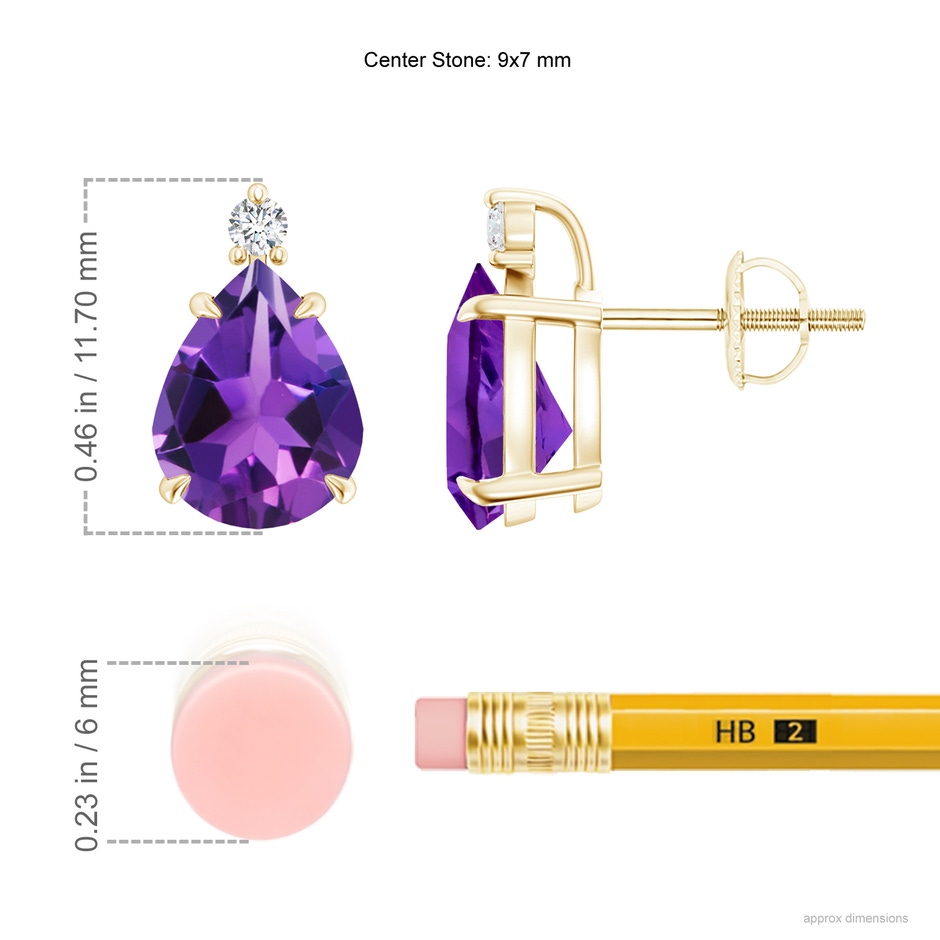 9x7mm AAAA Classic Claw-Set Pear Amethyst Solitaire Stud Earrings in 18K Yellow Gold ruler