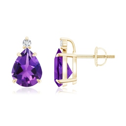 9x7mm AAAA Classic Claw-Set Pear Amethyst Solitaire Stud Earrings in Yellow Gold