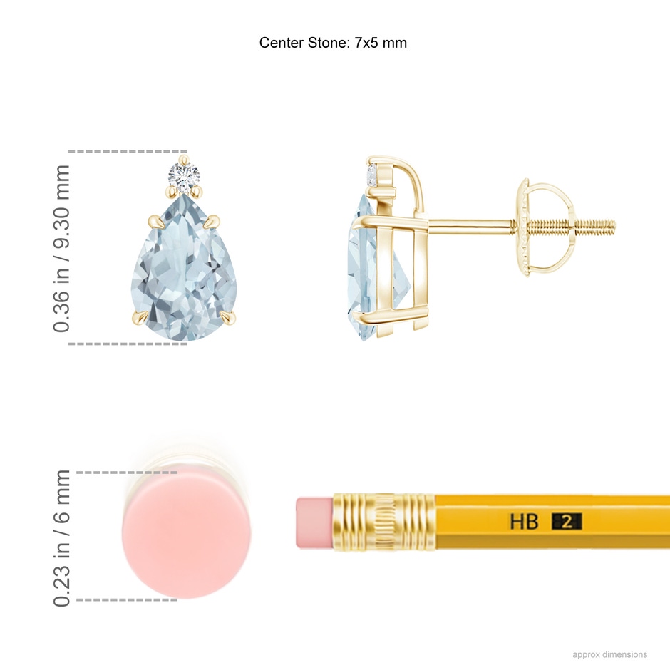 7x5mm A Classic Claw-Set Pear Aquamarine Solitaire Stud Earrings in Yellow Gold ruler