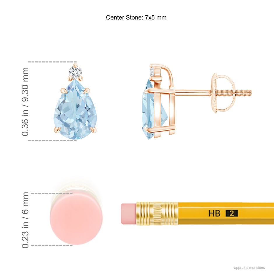 7x5mm AA Classic Claw-Set Pear Aquamarine Solitaire Stud Earrings in Rose Gold ruler