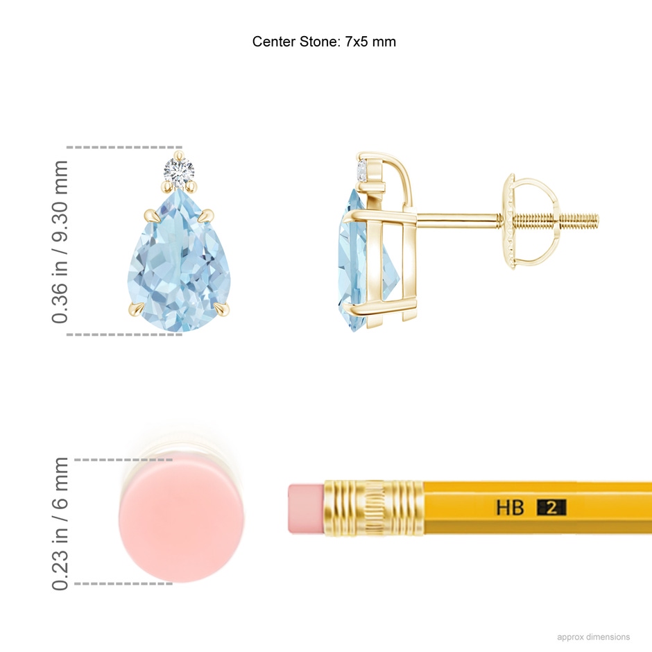 7x5mm AA Classic Claw-Set Pear Aquamarine Solitaire Stud Earrings in Yellow Gold ruler