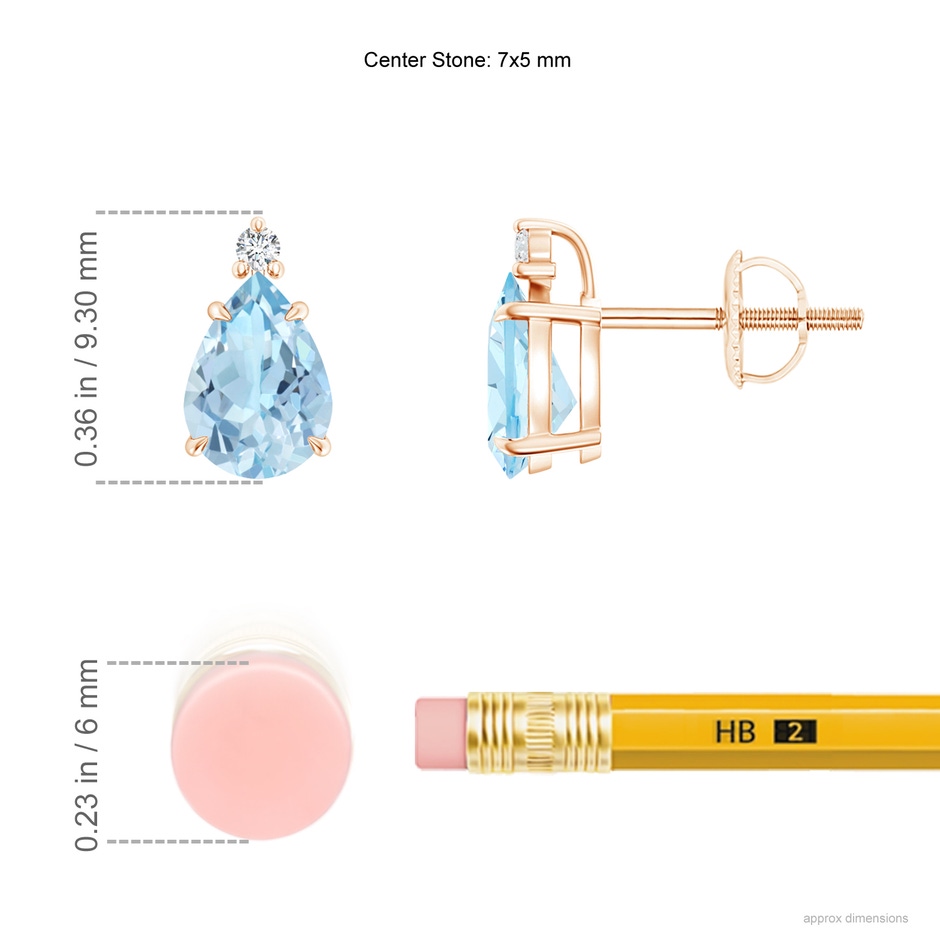 7x5mm AAA Classic Claw-Set Pear Aquamarine Solitaire Stud Earrings in Rose Gold ruler