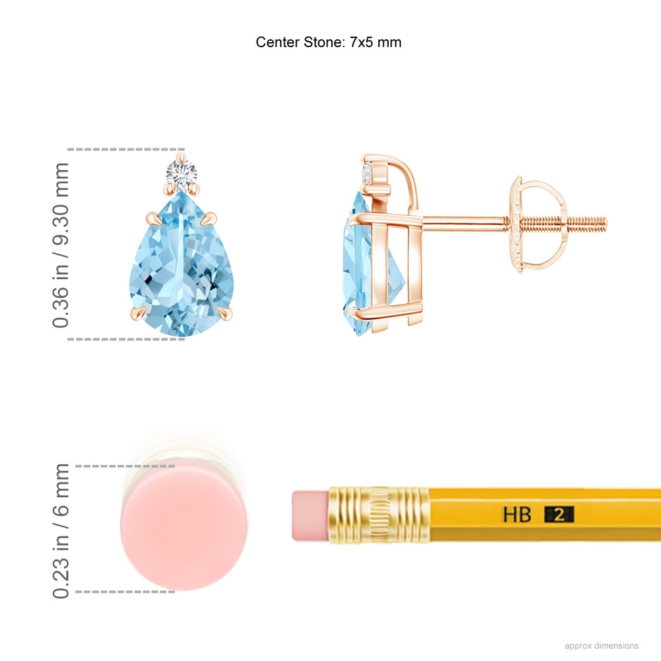 7x5mm AAAA Classic Claw-Set Pear Aquamarine Solitaire Stud Earrings in Rose Gold ruler
