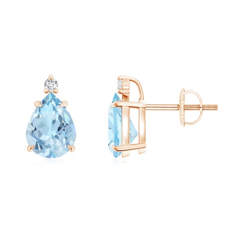 8x6mm AAA Classic Claw-Set Pear Aquamarine Solitaire Stud Earrings in Rose Gold