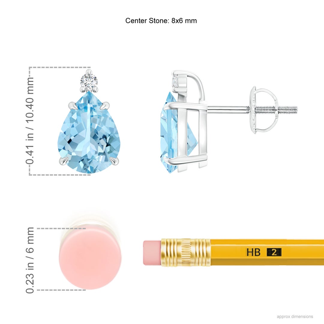 8x6mm AAAA Classic Claw-Set Pear Aquamarine Solitaire Stud Earrings in White Gold - ruler