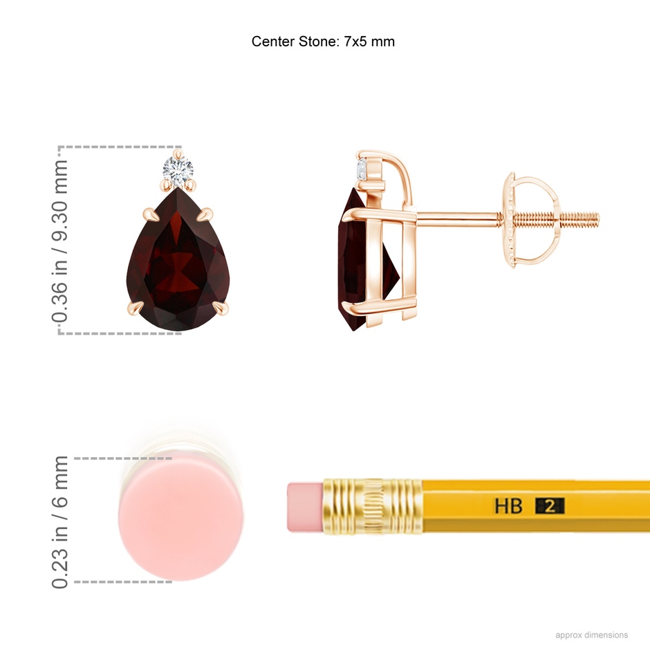 7x5mm A Classic Claw-Set Pear Garnet Solitaire Stud Earrings in Rose Gold ruler