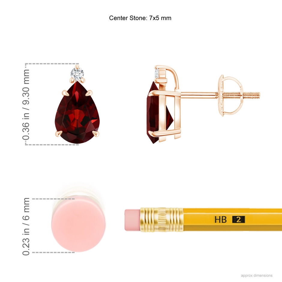 7x5mm AAA Classic Claw-Set Pear Garnet Solitaire Stud Earrings in 9K Rose Gold ruler