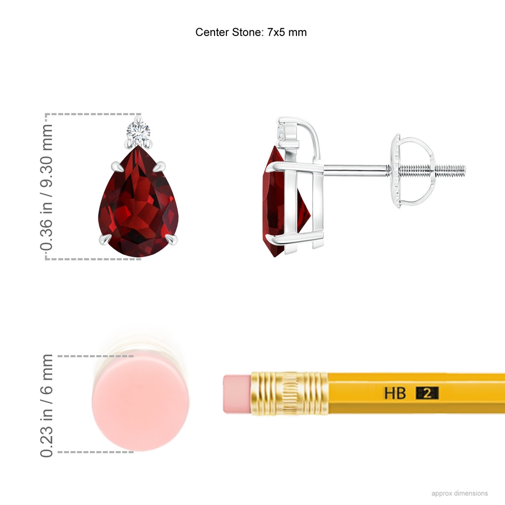 7x5mm AAAA Classic Claw-Set Pear Garnet Solitaire Stud Earrings in P950 Platinum Ruler
