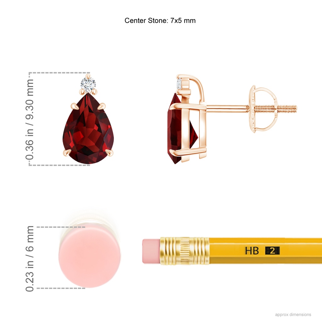 7x5mm AAAA Classic Claw-Set Pear Garnet Solitaire Stud Earrings in Rose Gold Ruler