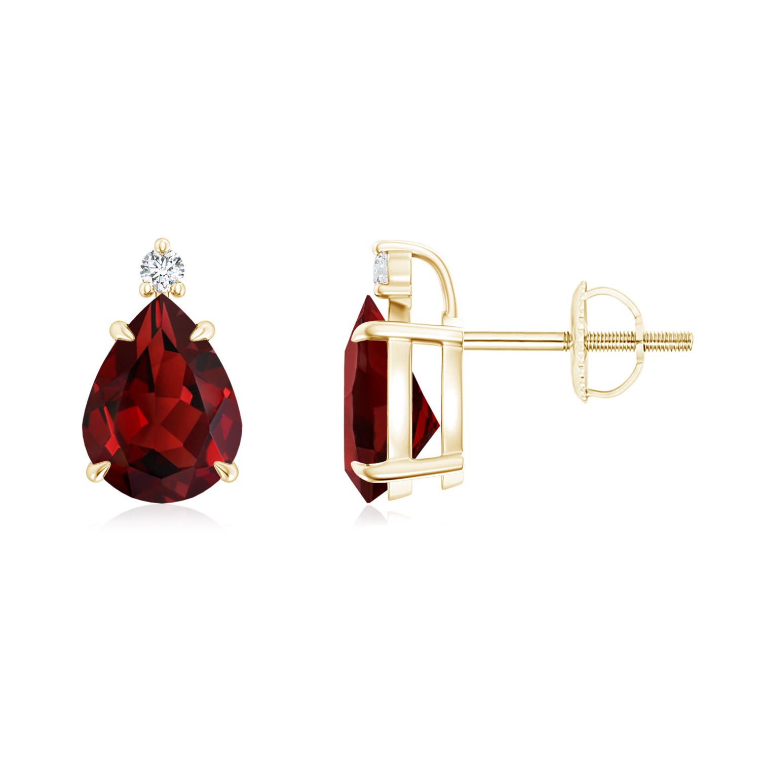 8x6mm AAAA Classic Claw-Set Pear Garnet Solitaire Stud Earrings in 18K Yellow Gold