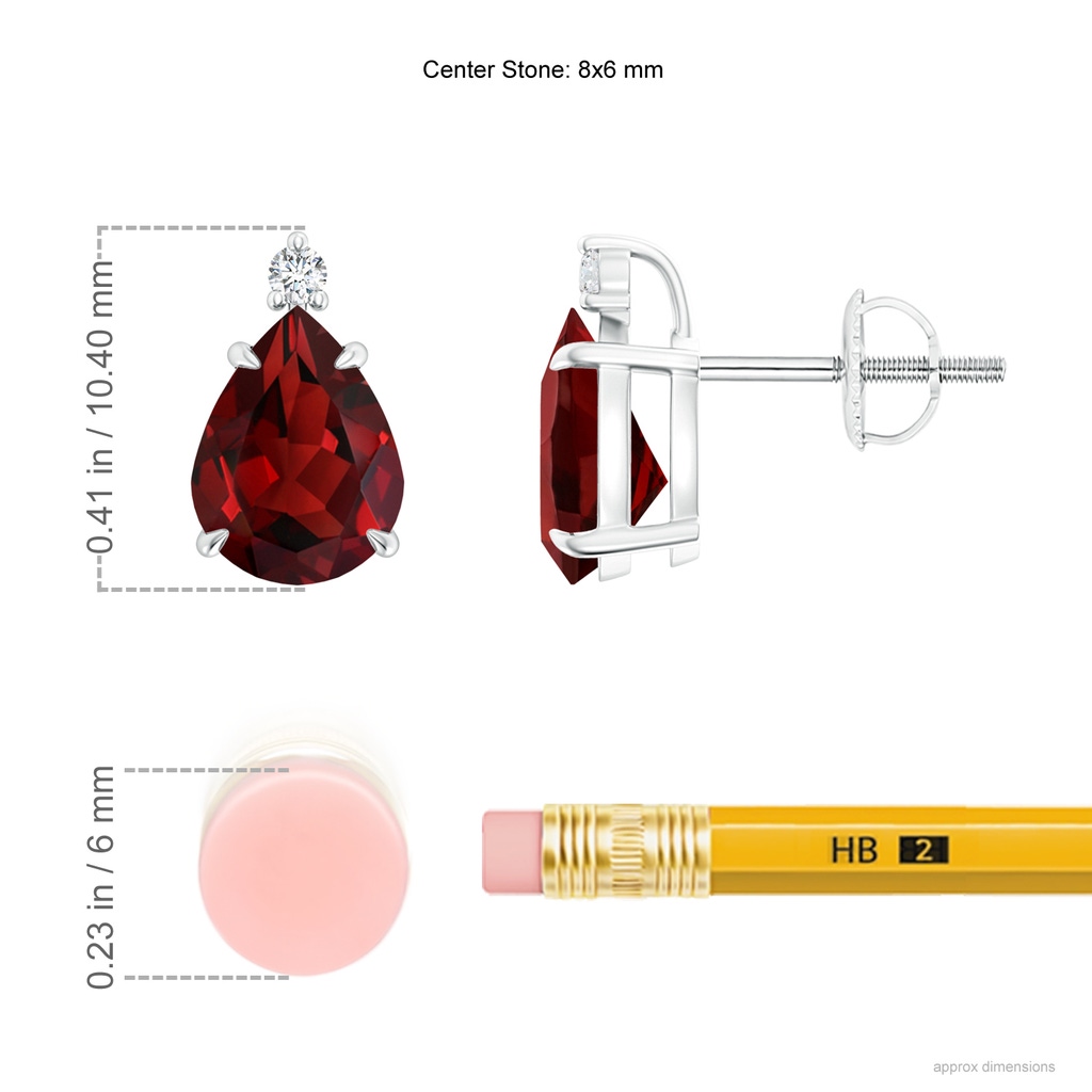 8x6mm AAAA Classic Claw-Set Pear Garnet Solitaire Stud Earrings in P950 Platinum Ruler