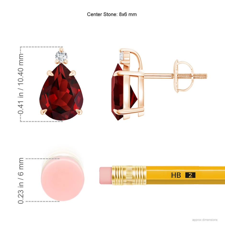 8x6mm AAAA Classic Claw-Set Pear Garnet Solitaire Stud Earrings in Rose Gold ruler
