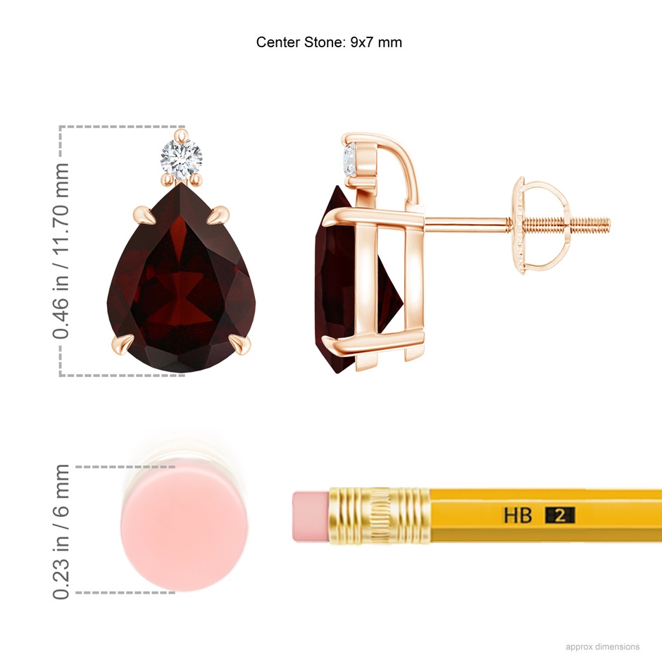 9x7mm A Classic Claw-Set Pear Garnet Solitaire Stud Earrings in Rose Gold ruler