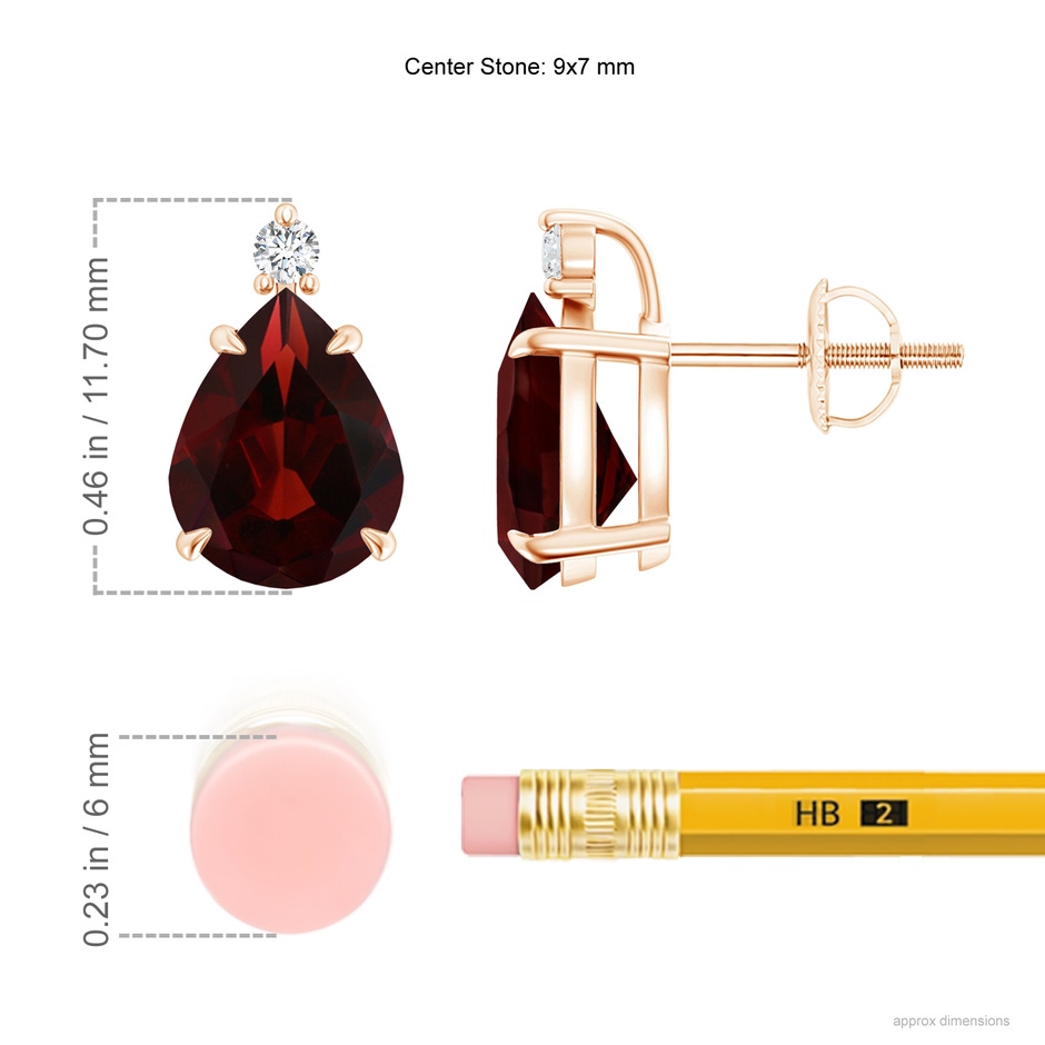9x7mm AA Classic Claw-Set Pear Garnet Solitaire Stud Earrings in Rose Gold ruler