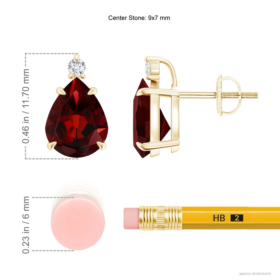 9x7mm AAA Classic Claw-Set Pear Garnet Solitaire Stud Earrings in Yellow Gold ruler
