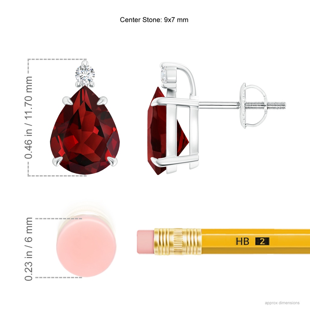 9x7mm AAAA Classic Claw-Set Pear Garnet Solitaire Stud Earrings in P950 Platinum Ruler