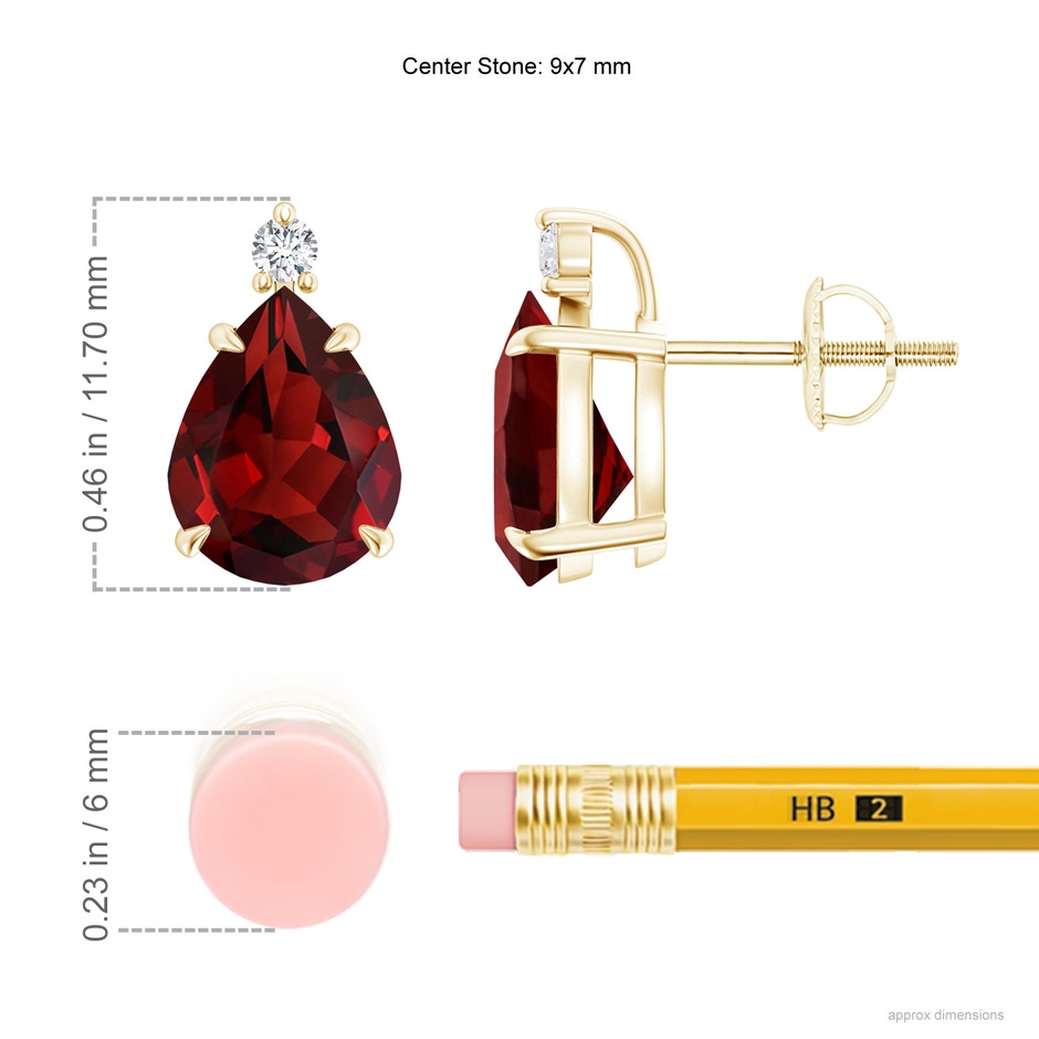 9x7mm AAAA Classic Claw-Set Pear Garnet Solitaire Stud Earrings in Yellow Gold ruler