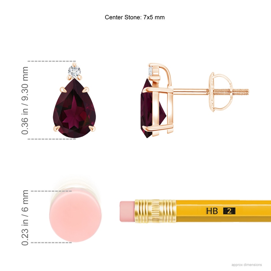 7x5mm A Classic Claw-Set Pear Rhodolite Solitaire Stud Earrings in 18K Rose Gold ruler