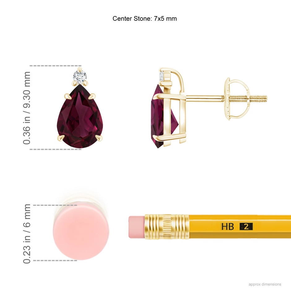7x5mm AAA Classic Claw-Set Pear Rhodolite Solitaire Stud Earrings in Yellow Gold ruler