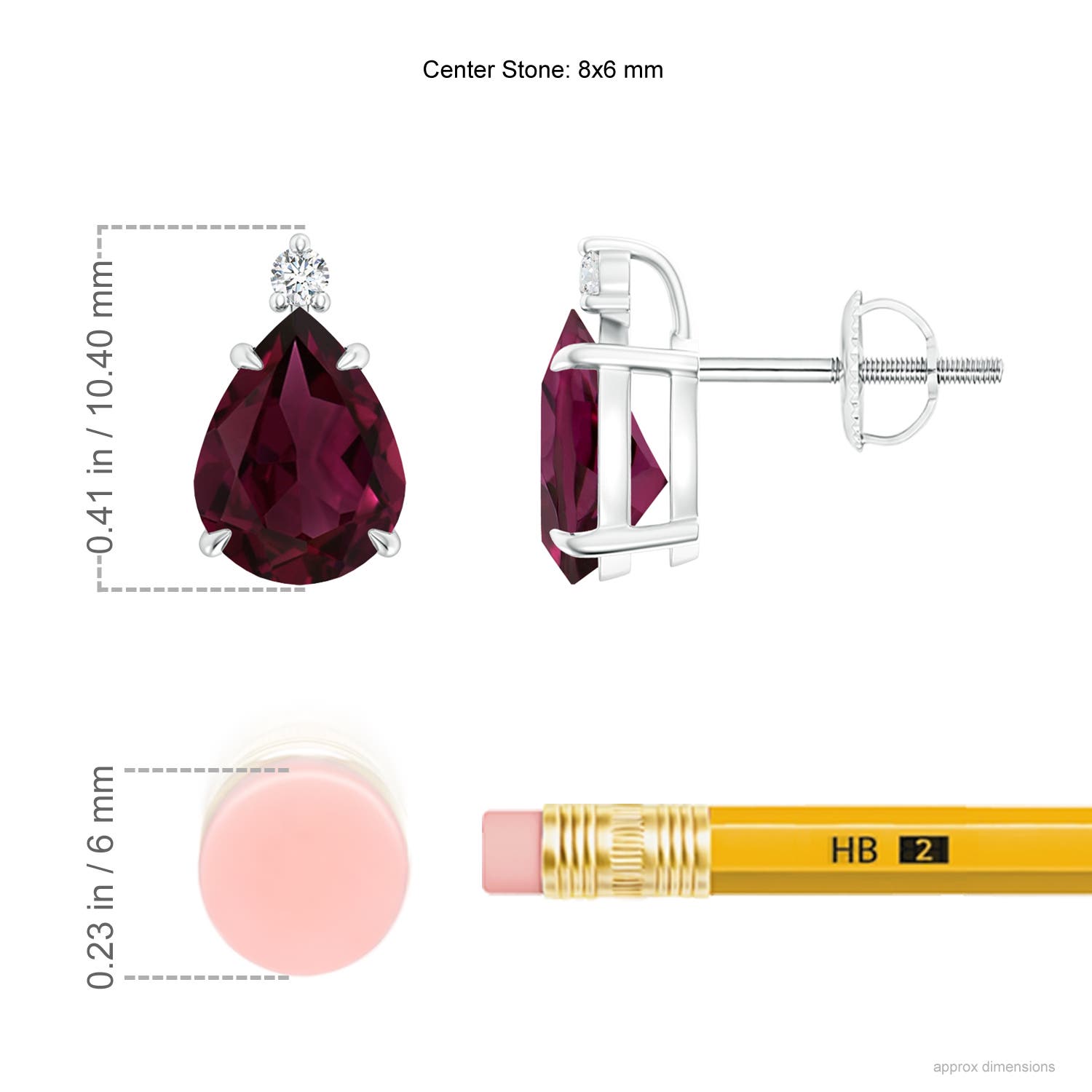 8x6mm AAA Classic Claw-Set Pear Rhodolite Solitaire Stud Earrings in 18K White Gold - ruler