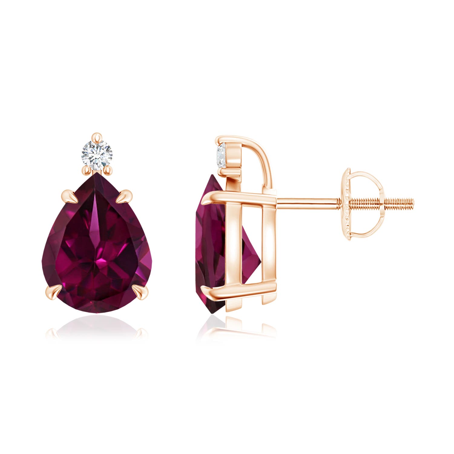 9x7mm AAAA Classic Claw-Set Pear Rhodolite Solitaire Stud Earrings in 18K Rose Gold