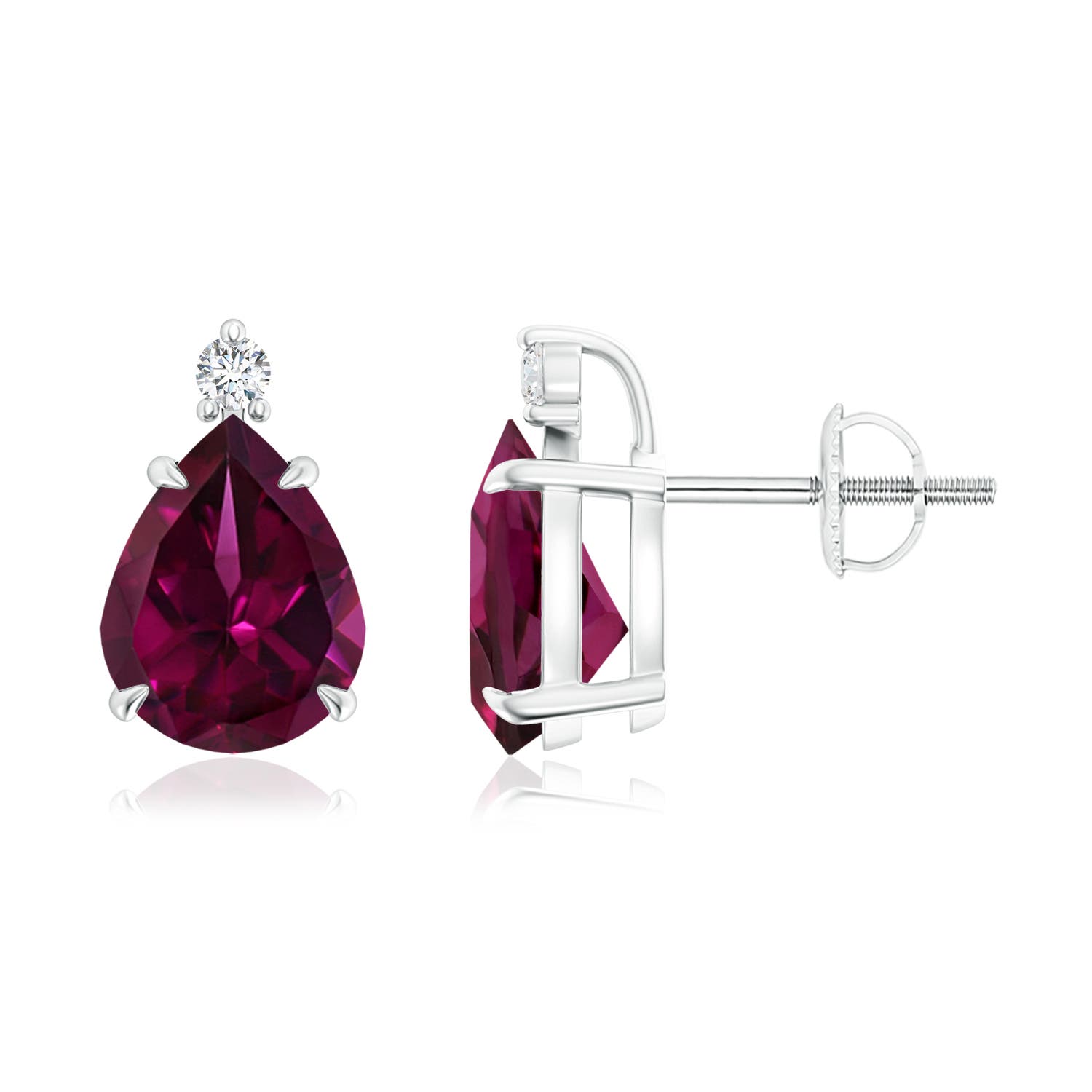 9x7mm AAAA Classic Claw-Set Pear Rhodolite Solitaire Stud Earrings in 18K White Gold
