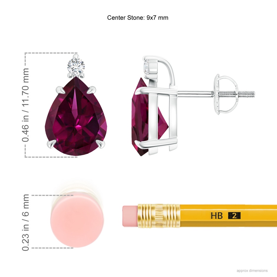 9x7mm AAAA Classic Claw-Set Pear Rhodolite Solitaire Stud Earrings in P950 Platinum ruler