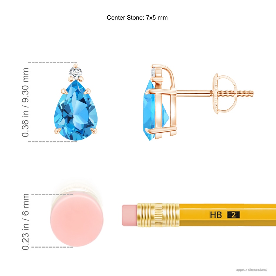 7x5mm AAA Classic Claw-Set Pear Swiss Blue Topaz Stud Earrings in Rose Gold ruler