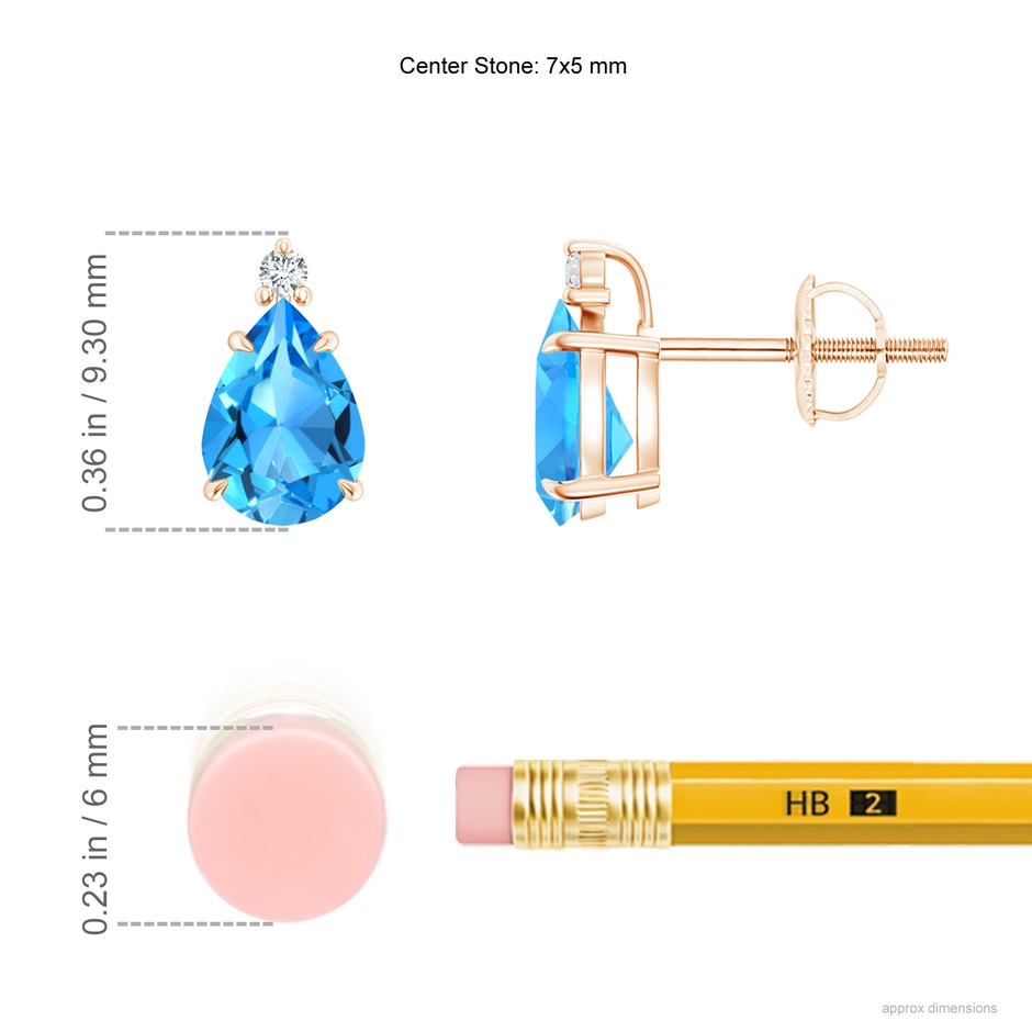 7x5mm AAAA Classic Claw-Set Pear Swiss Blue Topaz Stud Earrings in 9K Rose Gold ruler