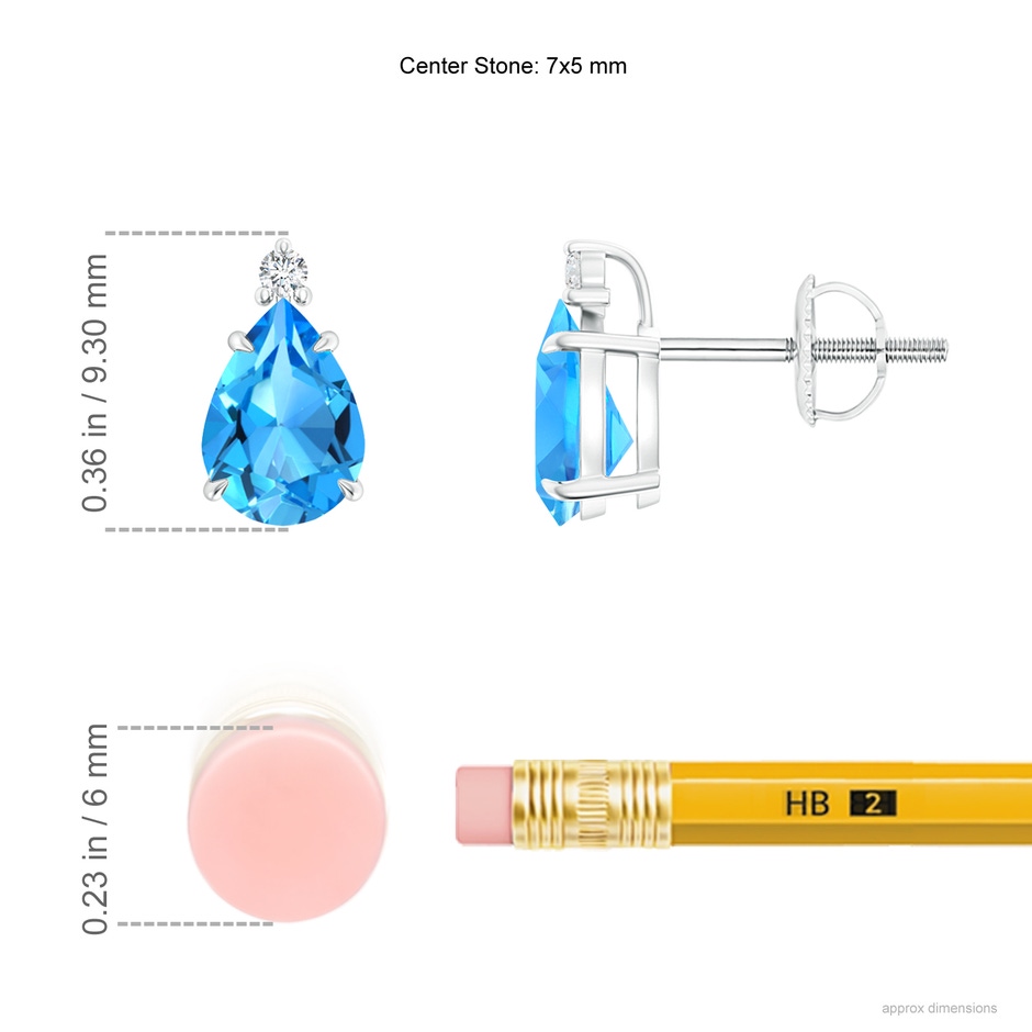 7x5mm AAAA Classic Claw-Set Pear Swiss Blue Topaz Stud Earrings in P950 Platinum ruler