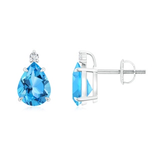 8x6mm AAA Classic Claw-Set Pear Swiss Blue Topaz Stud Earrings in White Gold