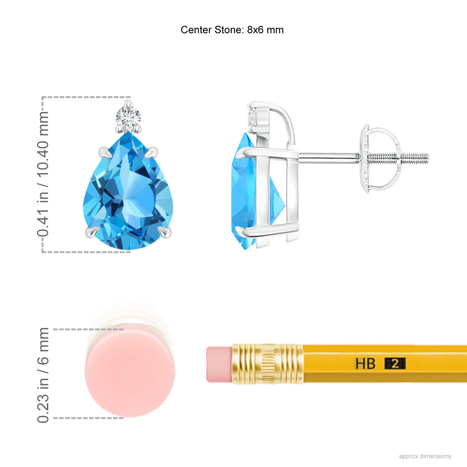 8x6mm AAA Classic Claw-Set Pear Swiss Blue Topaz Stud Earrings in White Gold - ruler