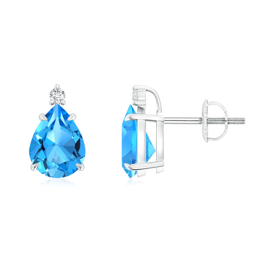 8x6mm AAAA Classic Claw-Set Pear Swiss Blue Topaz Stud Earrings in White Gold 