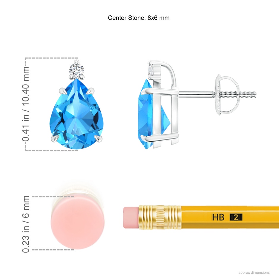 8x6mm AAAA Classic Claw-Set Pear Swiss Blue Topaz Stud Earrings in White Gold ruler