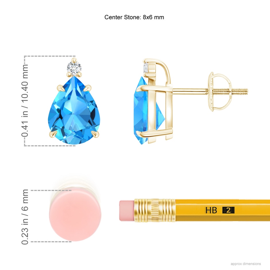 8x6mm AAAA Classic Claw-Set Pear Swiss Blue Topaz Stud Earrings in Yellow Gold ruler